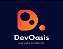 Orange skull logo with "DevOasis" text, digital tech branding icon.