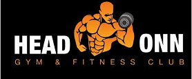 Head On Gym and Fitness Club logo with muscular mascot and bold lettering.