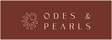Elegant Odes & Pearls logo with a deep red background and silver text.