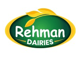 Rehman Dairies logo with green and yellow design showcasing dairy products and brand name.