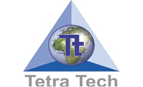 Earth globe with Tetra Tech logo and triangular background, representing global technology solutions.